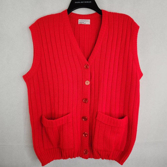 Vintage Sweater Vest Dotty Mann of Cleveland Red Button Up Knit Orlon Acrylic - Picture 1 of 12